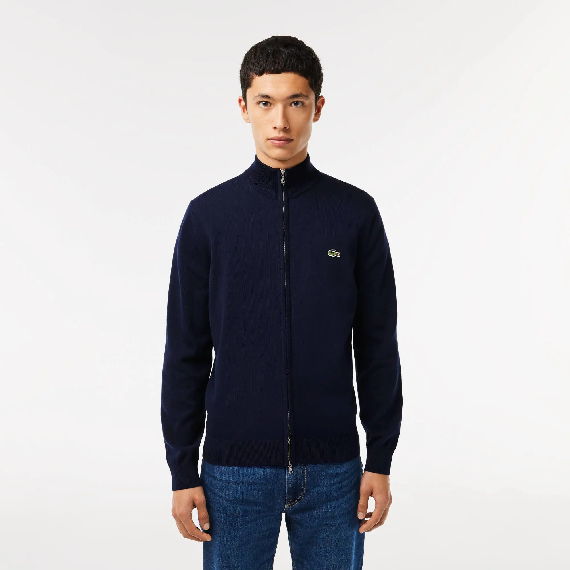 Lacoste Men's Stand-up Collar Organic Cotton Zippered Sweater. 1