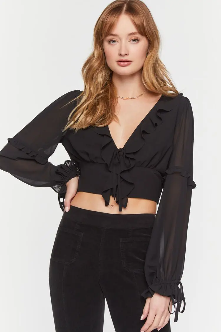 Forever 21 Forever 21 Ruffled Chiffon Smocked Crop Top Black. 1