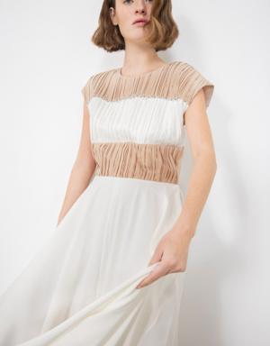 Ecru Dress with Pleated Detailing on The Front