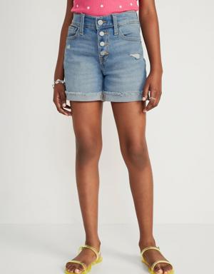 High-Waisted Button-Fly Rolled Frayed-Hem Jean Midi Shorts for Girls blue