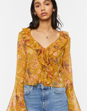 Forever 21 Floral Print Ruffled Flounce Top Gold/Multi