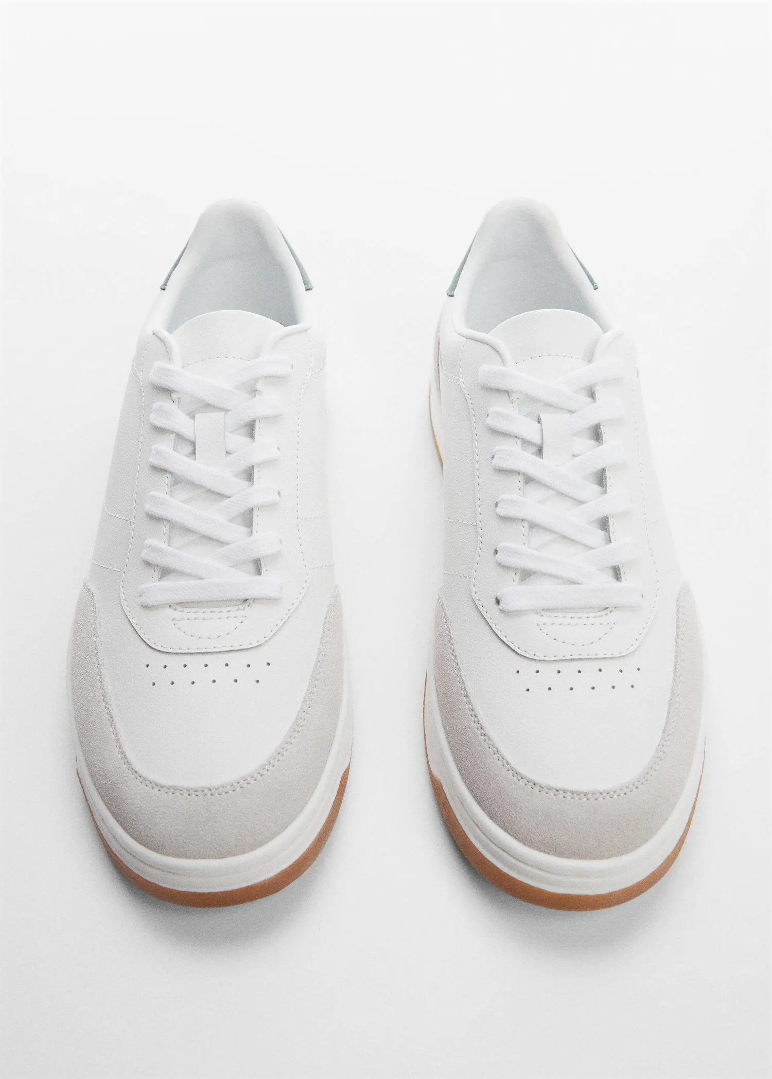 Mango Leather mixed sneakers. a pair of white sneakers on top of a white surface. 