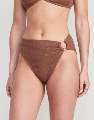 Mid-Rise O-Ring Crochet-Knit French-Cut Bikini Swim Bottoms beige