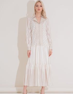 Glittery Linen Collar Detailed Transparent Striped Long Beige Shirt Dress