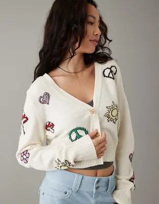 American Eagle Icon Patch Cropped Cardigan. 1
