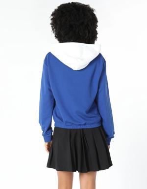 Regular Fit Baskılı Kapüşonlu Mavi Kadın Sweatshirt