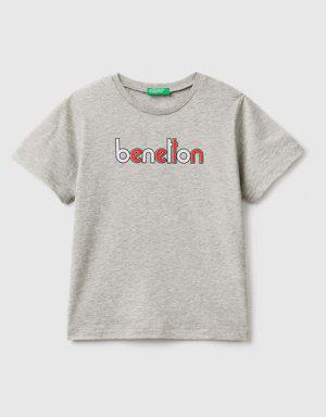 Erkek Çocuk Gri Melanj Benetton Yazılı T Shirt