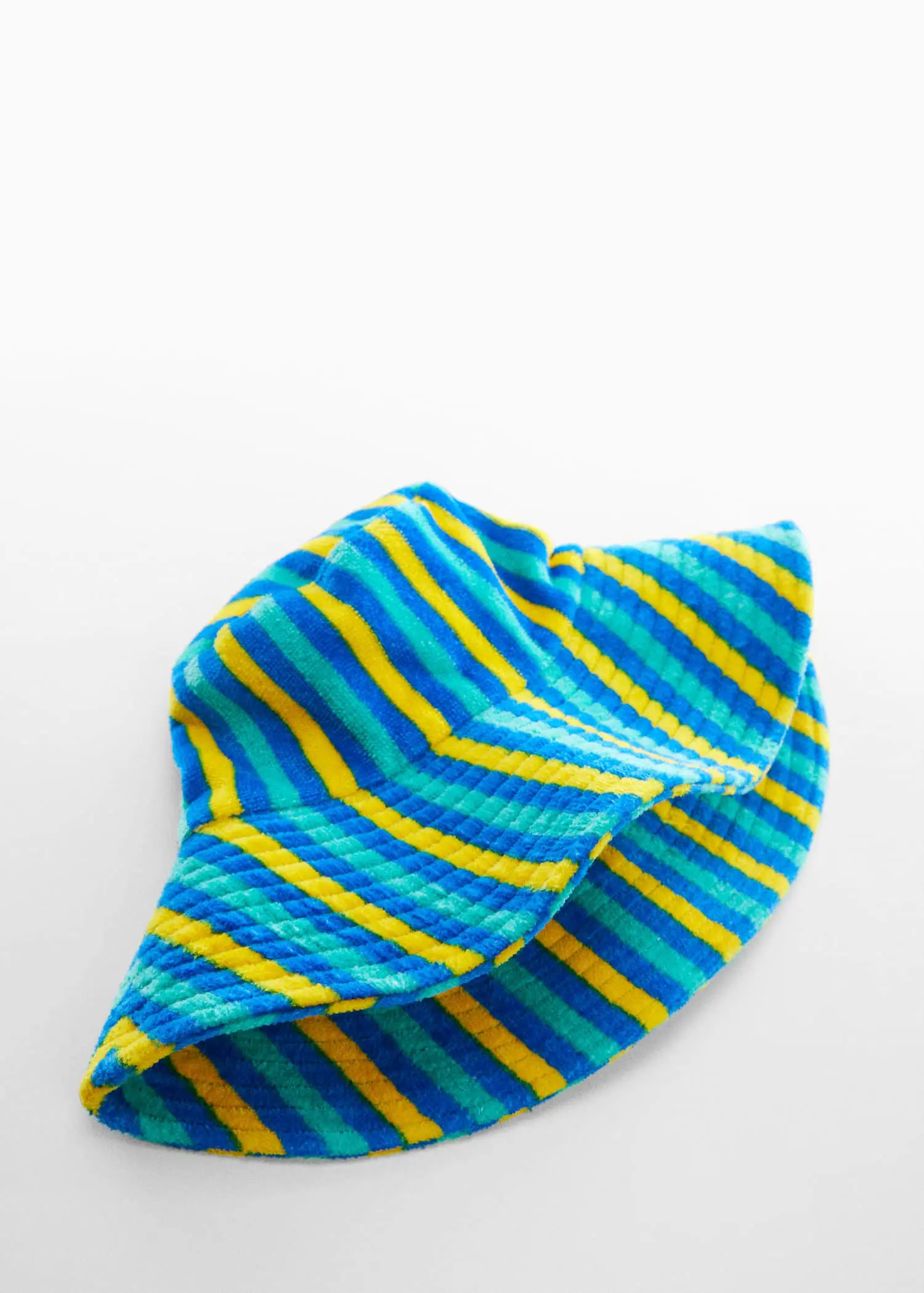 Mango Striped terry cloth bucket hat. a blue, yellow, and white striped hat on top of a white surface. 