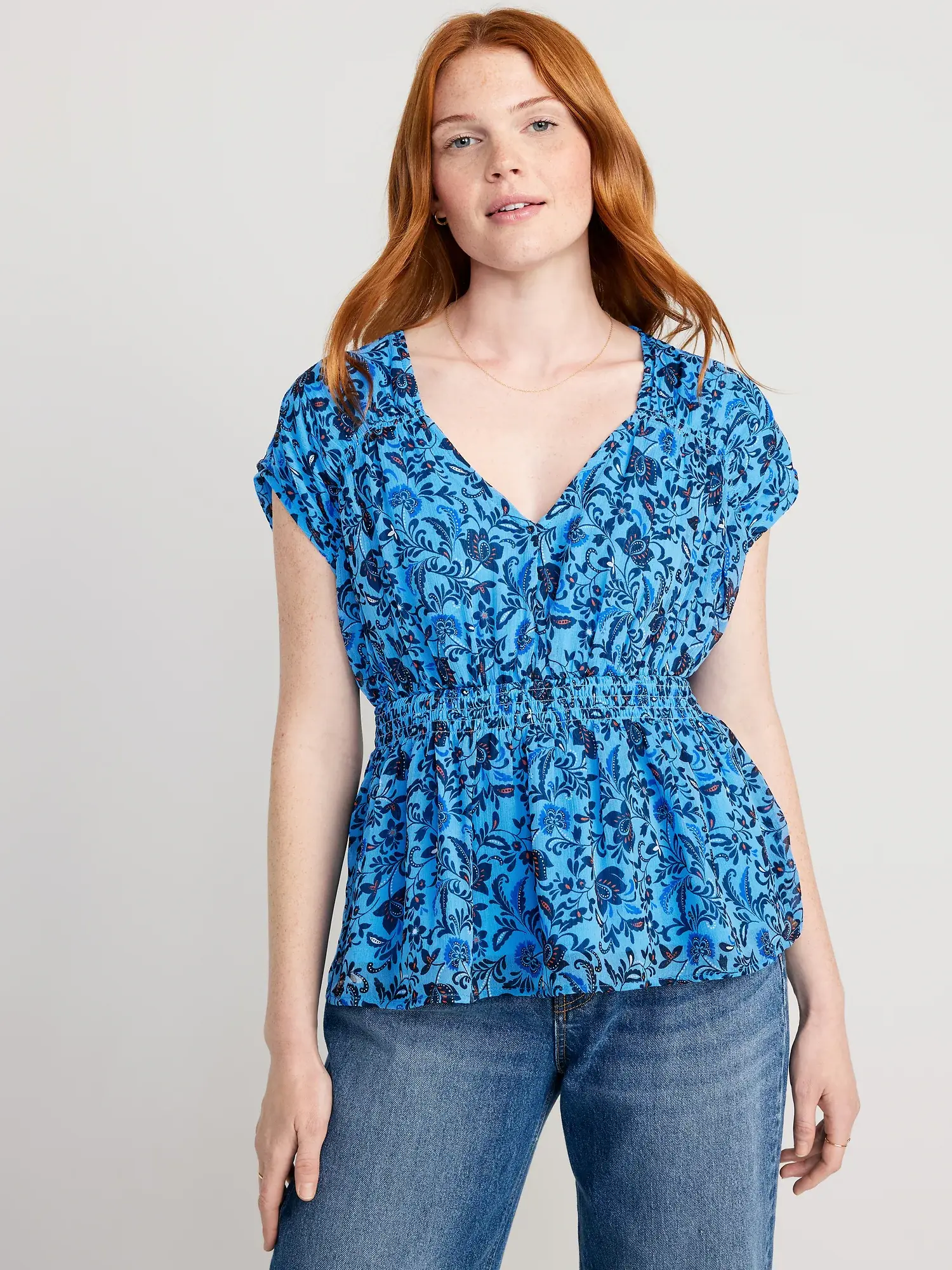 Old Navy Waist-Defined Printed Dolman-Sleeve Top for Women blue. 1