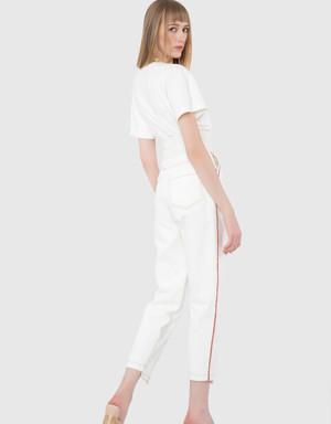 Accessory And Stripe Detailed Contrast Fabric Mom White Jean