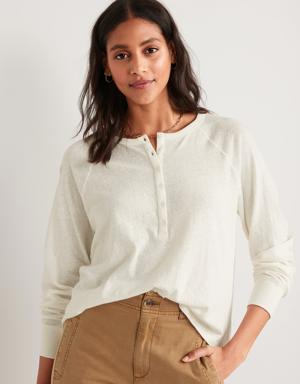 Long-Sleeve Loose Slub-Knit Henley T-Shirt for Women white