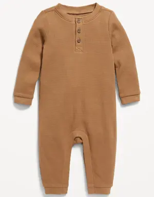 Unisex Long-Sleeve Thermal-Knit Henley Bodysuit for Baby brown