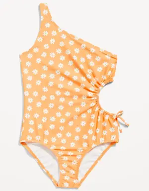 Printed One-Shoulder Side-Cutout One-Piece Swimsuit for Girls orange