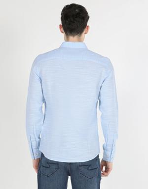 Slim Fit Shirt Neck Mavi Erkek Uzun Kol Gömlek