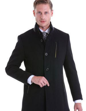 Siyah Slim Fit Düz Hakim Yaka Yünlü Palto