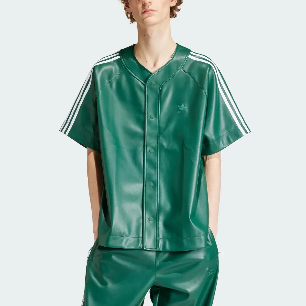 Adidas Faux Leather Adicolor 3-Stripes Baseball Shirt. 1