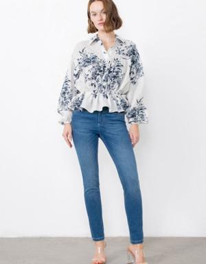 Blouse with Ruffled Shirring Embroidered Detail