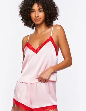 Forever 21 Satin Lace Trim Cami &amp; Shorts Pajama Set Pink/Red