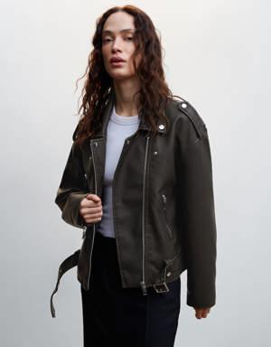 Distressed-effect biker jacket