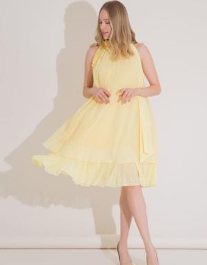 Bow Detailed Embroidered Frilly Chiffon Midi Length Yellow Dress