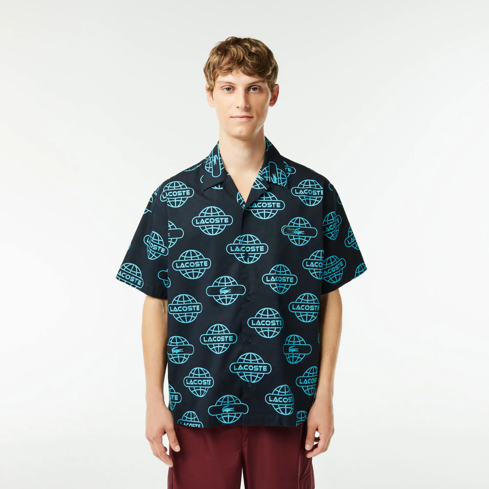 Lacoste Men's Globe Print Cotton Twill Shirt. 1