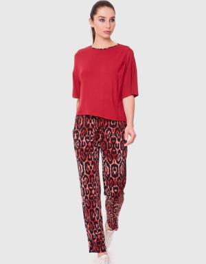 Patterned Jogger Fuchsia-Red Trousers Blouse Set