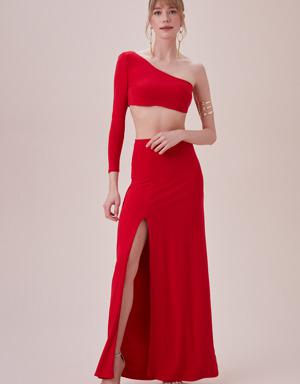 Kırmızı Tek Omuz Büstiyer Yırtmaçlı Etek Takım Jarse Uzun Elbise