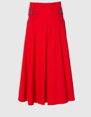 Embroidered Button Detailed High Waist Midi Length Red Skirt