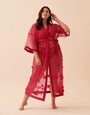 Long Sheer Mesh Floral Kimono