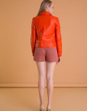 Embroidered Detailed Coral Color Leather Biker Jacket