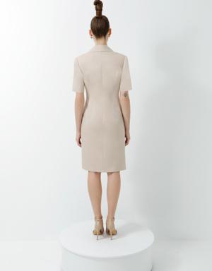 Midi Length Short Sleeve Beige Jacket Dress With Double Breasted Closure
