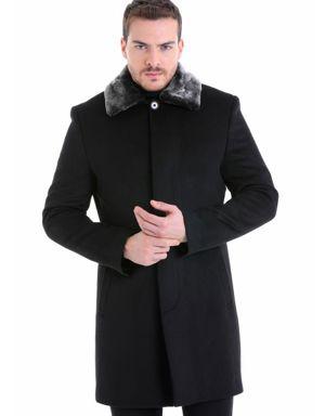 Siyah Slim Fit Düz Sivri Yaka Yandan Cep Yünlü Palto