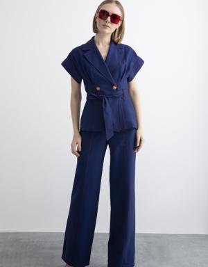 Navy Blue Suit with Belt Detail Vest and Trousers