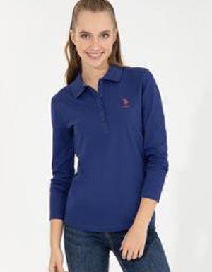 Kadın Mavi Polo Yaka Sweatshirt Basic