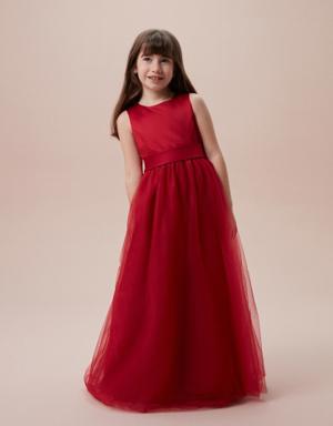 Kırmızı Kayık Yaka Uzun Çocuk Elbisesi
