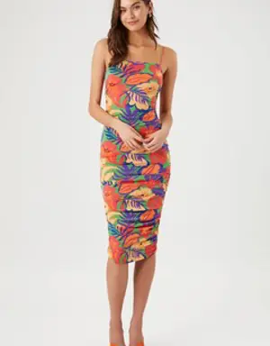 Forever 21 Tropical Print Bodycon Midi Dress Pink/Multi