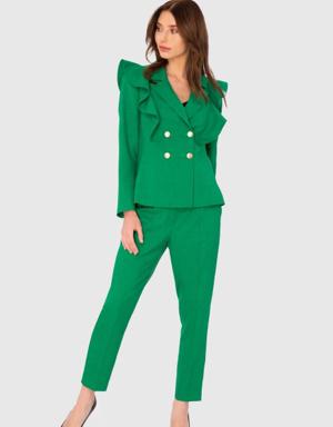 Flounce Detailed Gold Button Fit Green Suit