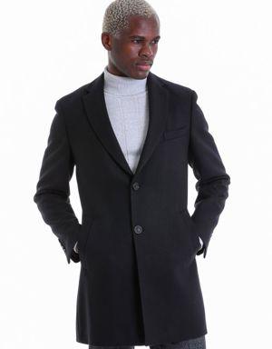 Siyah Slim Fit Düz Mono Yaka Yün Palto