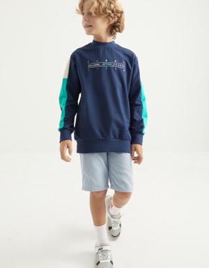İndigo Yazı Nakışlı Şerit Detaylı O Yaka Standart Kalıp Erkek Çocuk Sweatshirt - 11024