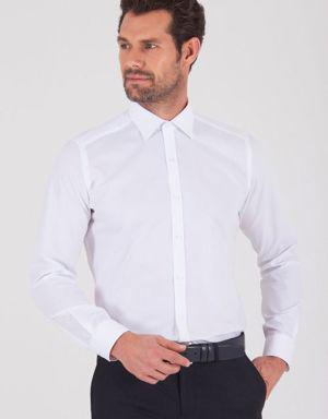 Beyaz Slim Fit Düz Pamuklu Uzun Kol Gömlek