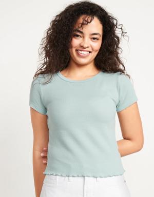Short-Sleeve Cropped Lettuce-Edge Waffle-Knit T-Shirt for Women blue