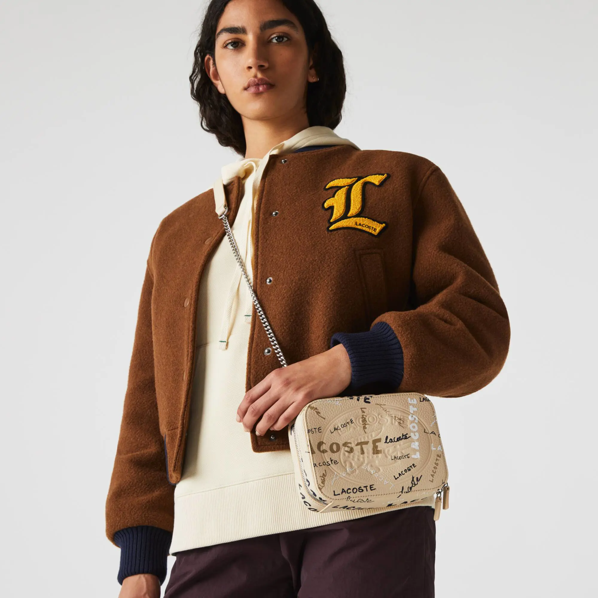 Lacoste Women’s Croco Crew Print Grained Leather Zip Shoulder Bag. 1