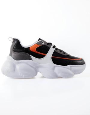 Siyah - Oranj Yüksek Tabanlı Bağcıklı Renk Geçişli Suni Deri Kadın Spor Ayakkabı - 89206
