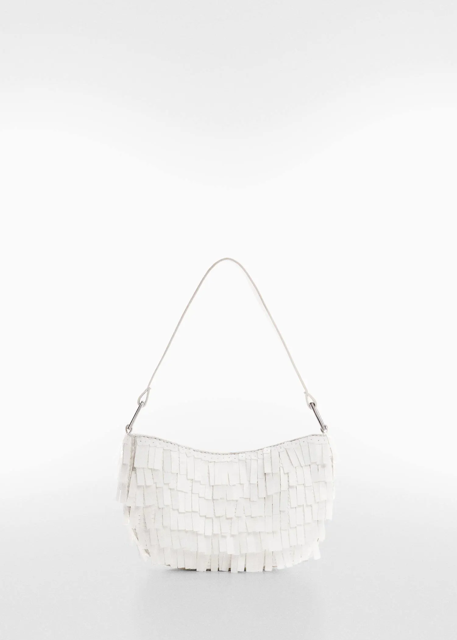 Mango Fringed shoulder bag. a white purse is shown on a white background. 