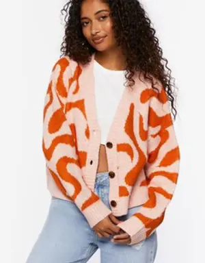 Forever 21 Abstract Print Cardigan Sweater Pink/Orange