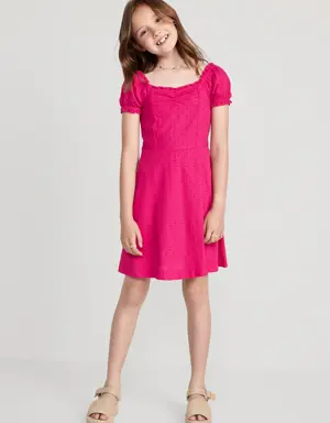 Puff-Sleeve Clip-Dot Fit & Flare Dress for Girls pink