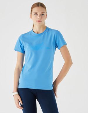Kadın Slim Fit Bisiklet Yaka Baskılı Mavi T-Shirt