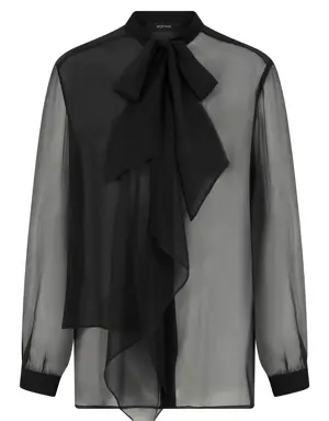 Long Sleeve Shirt with Bow Collar - 4 / BLACK