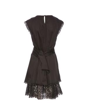 Bow Detailed Lace Garnish Boat Neck Black Evening Dress