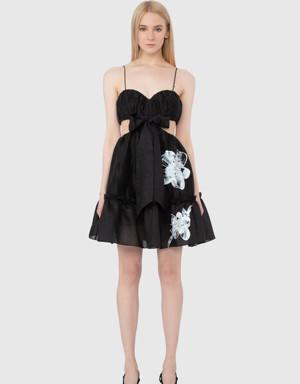 Floral Print Detailed Rope Strap Trend Black Dress